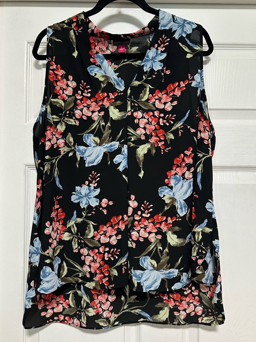 Vince Camuto Black Floral Sleeveless V-Neck High Low Blouse (XL)